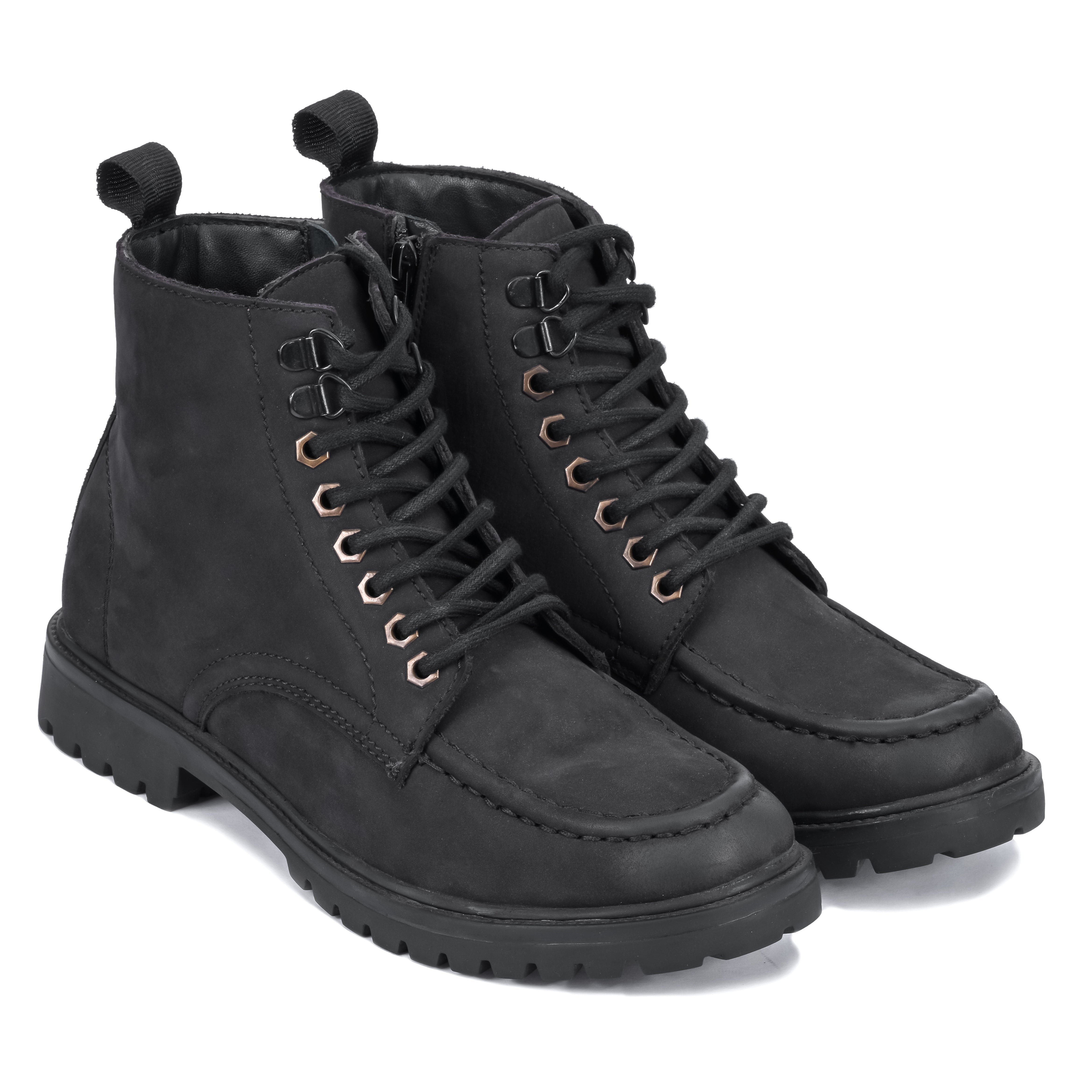 Nubuck Leather Moc-Toe Boot - Black